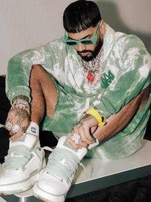 Anuel Aa Gucci Sunglasses Amiri Green Tie Dye Hoodie Shorts And Green Sneakers