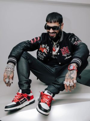 Anuel Aa Gucci Sunglasses Amiri Varsity Jacket Raf Simons Turtleneck Amiri Leather Pants Amiri Skeleton Sneakers