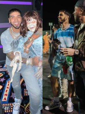 Anuel Aa Performing In An Amiri Denim Patchwork Amiri 22 Baseball Jersey With Stacked Jeans And Ma1 Sneakers