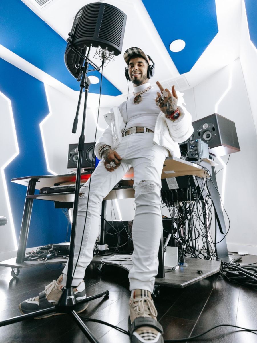 Anuel AA His The Studio In All White Moncler & Burberry Accessories Outfit
