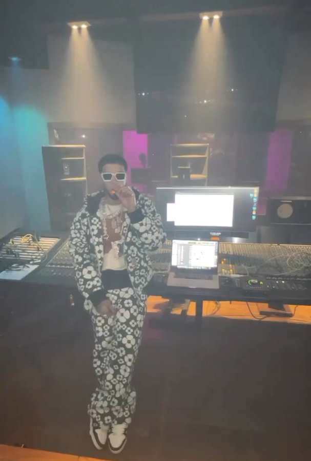 Anuel AA Wearing a Louis Vuitton Jazz Tee With Match 'Trainer' Sneakers