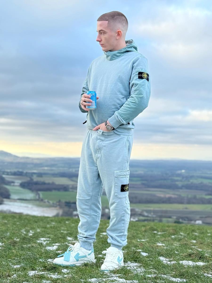 ArrDee: Stone Island Light Blue Hoodie + Joggers & Off-White Sneakers