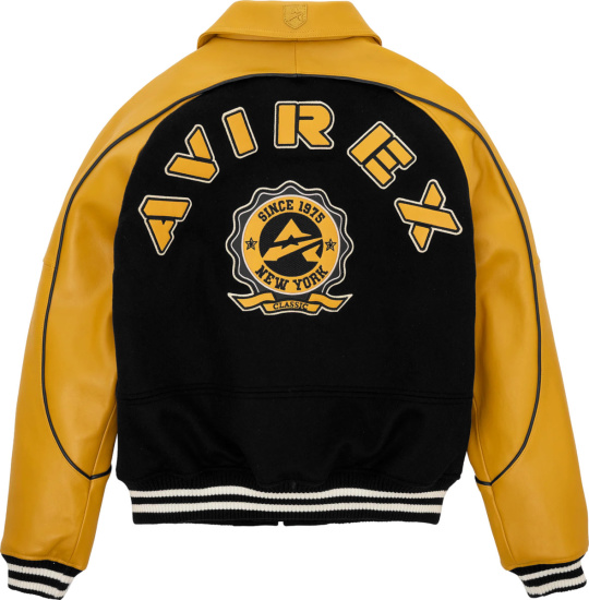 Avired Classic Wool And Leather Varsity Jacket Black And Yellow