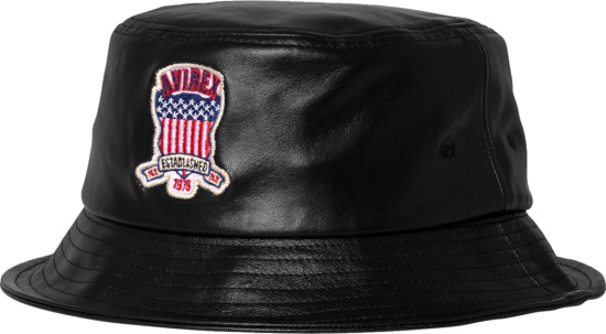 Avirex Black Leather Icon Logo Bucket Hat