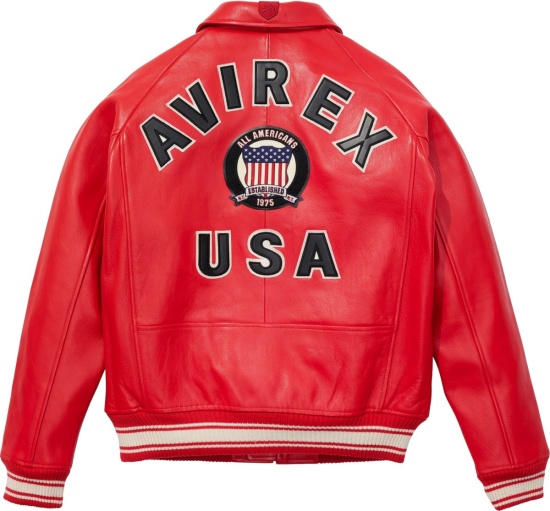 Avirex Red Leather Flag Logo Patch Jacket