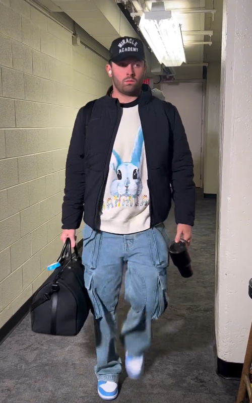 Baker Mayfield: Miracle Academy Hat, Bunny Patch Sweater & Blue Cargo Jeans