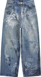 Washed Blue Graffiti Baggy Jeans