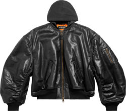Black Leather DIY Metal Logo Hooded Bomber Jacket