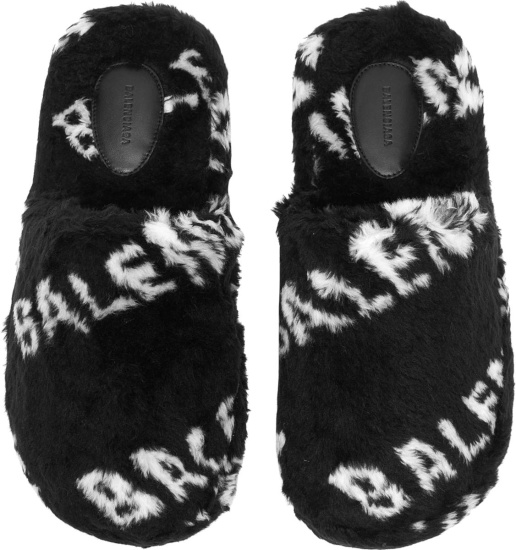 Balenciaga Black Allover Diagonal Logo Fuzzy Slippers
