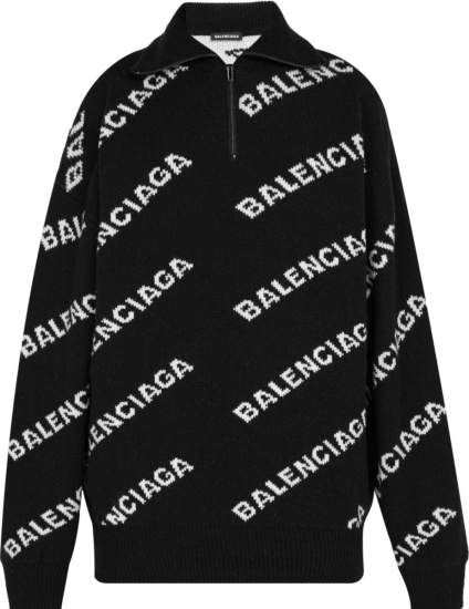 Balenciaga Black And Allover White Diagonal Logo Quarter Zip Sweater