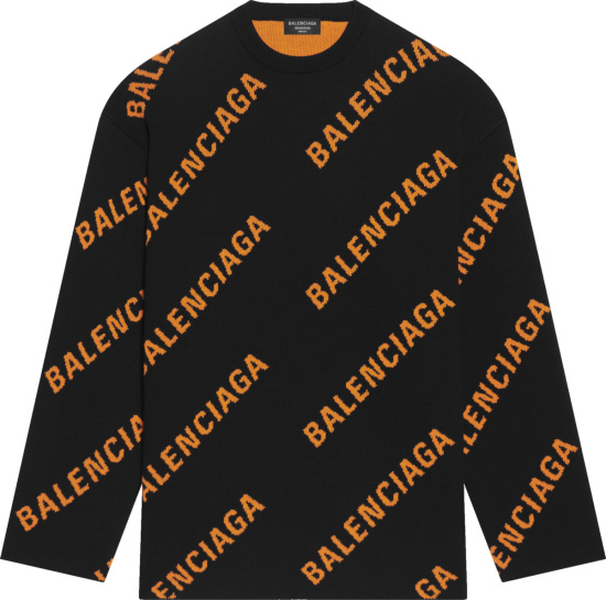 Balenciaga Black And Orange Allover Diagonal Logo Sweater