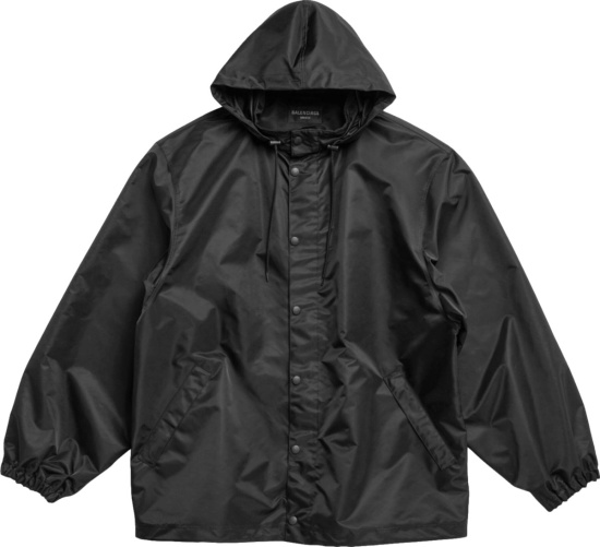 Balenciaga Black Hooded Snap Front Tape Logo Jacket