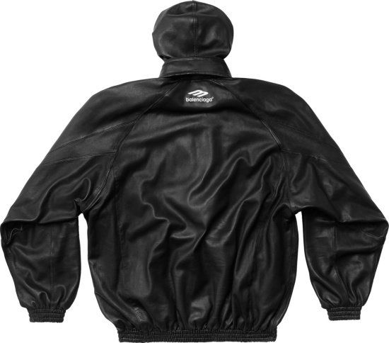 Balenciaga Black Leahter Sporty B Hooded Track Jacket