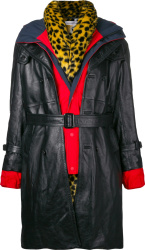 Black Leather & Leopard-Trim Layered Coat