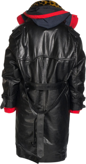 Balenciaga Leopard Trim Black Leather Layered Trench Coat