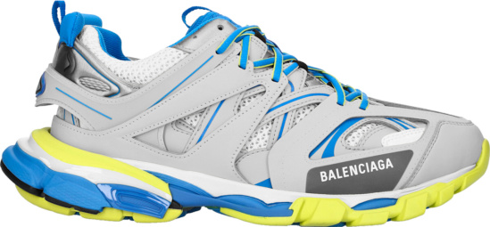 Balenciaga Light Grey Bright Blue And Neon Yellow Track Sneakers