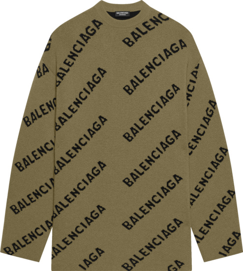 Balenciaga Olive Green And Allover Black Diagonal Logo Sweater