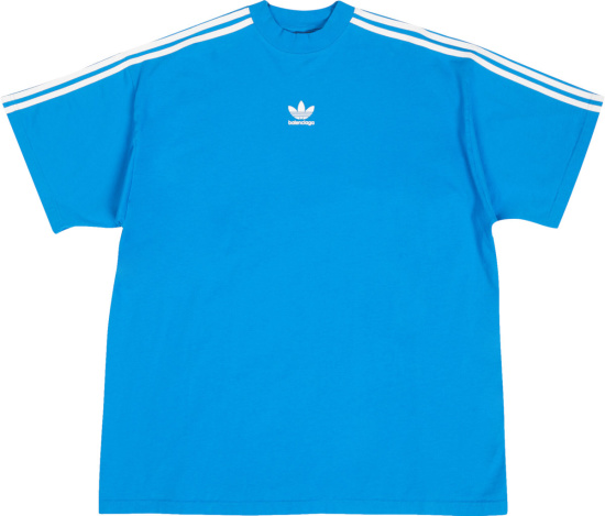 Balenciaga X Adidas Bright Light Blue And White Stripe Logo T Shirt