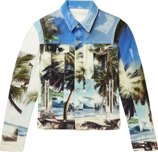 Balmain Allover Palm Tree Print Denim Jacket