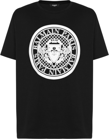 Balmain Black Flocked Medallion Logo T Shirt