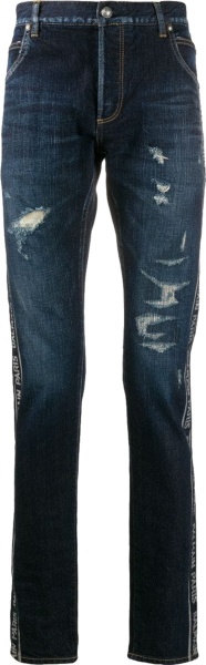 Balmain Deep Blue Logo Stripe Distressed Jeans