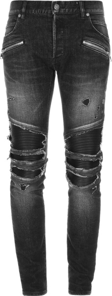 Balmain Distressed Black Leather Panel Jeans