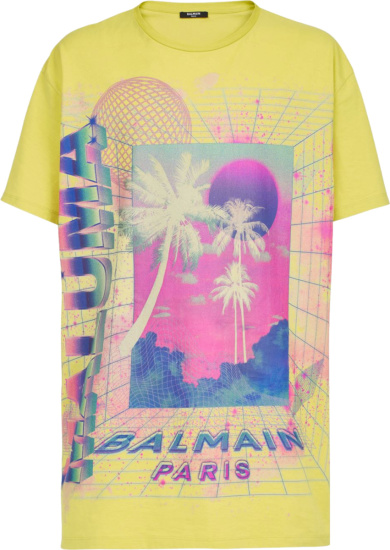 Balmain Yellow And Neon Palm Tree Logo Print T Shirt