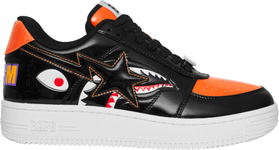 Bapesta Low Patent Black And Orange Shark Sneakers
