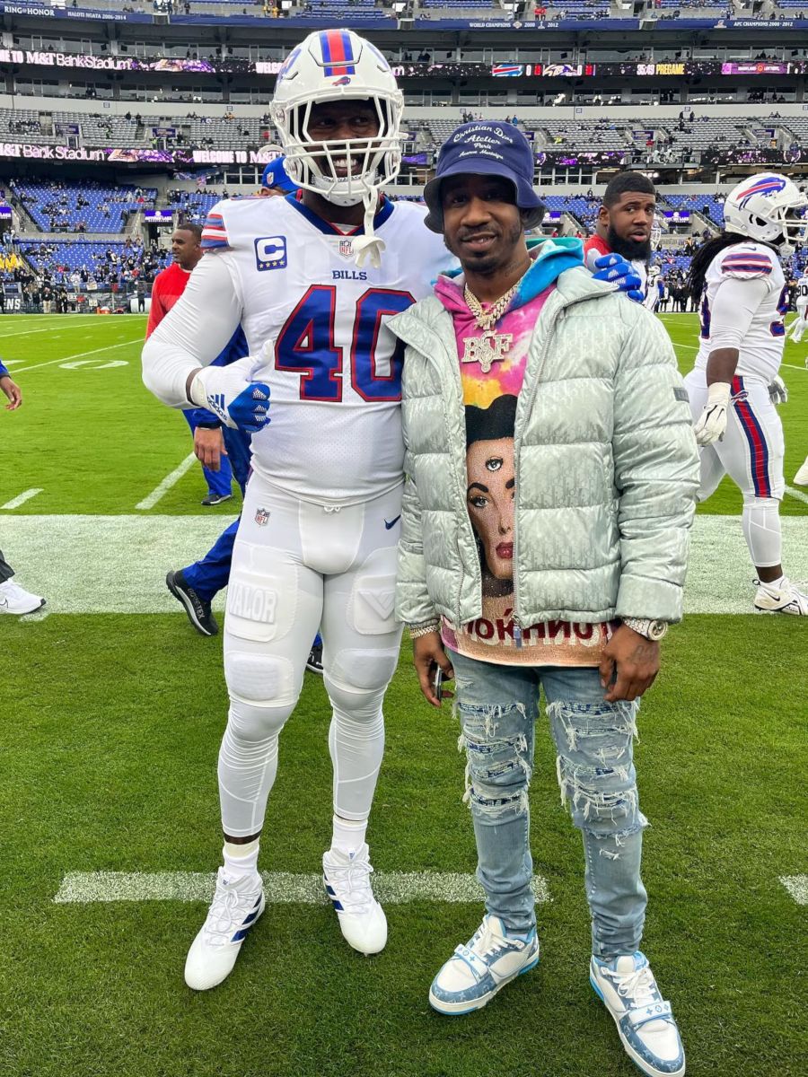 Benny The Butcher On The Bills Sideline Wearing a Dior & Louis Vuitton Outfit