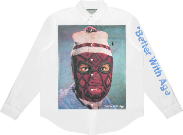 Better With Age White Balaclava Man Print Long Sleeve Button Up Shirt