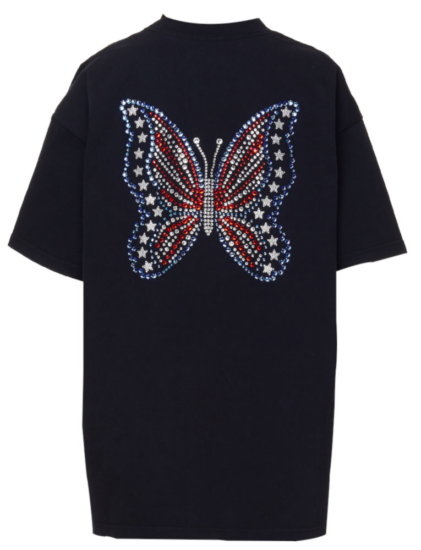 Black Designer American Flag Sequin Butterfly T Shirt