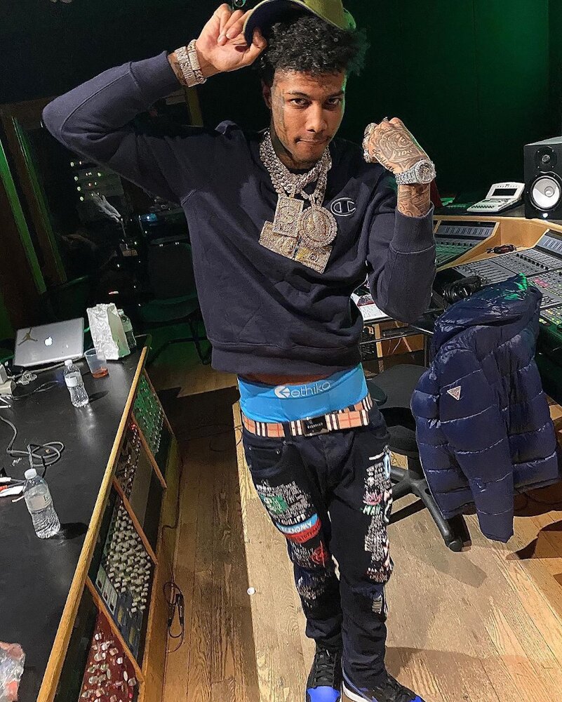 Blueface Hits The Studio In a NYY Hat, Champion, Burberry, & 'Royal' Jordan 1s