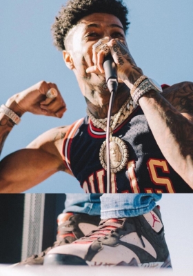Blueface Performing In Mitchell And Ness Scotty Pippin Jersey And Jordan 7s