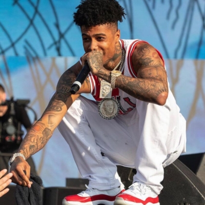 Blueface Performs In A Mitchell And Ness Scotty Pippen Split Jersey White Jeans Louis Vuitton Belt And Jordan 11s