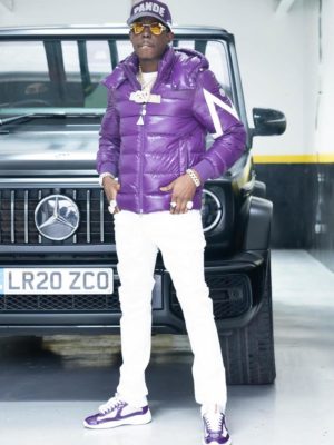 Bobby Shmurda Pandemonium Purple Trucker Hat Moncler Purple Down Jacket White Jeans Prada Sneakers
