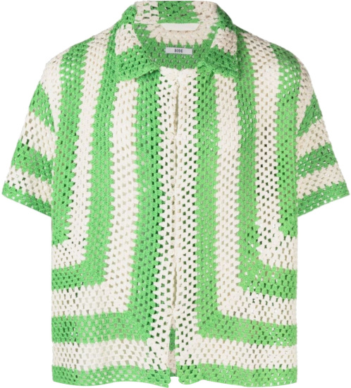 Bode Green And White Striped Crochet Shirt