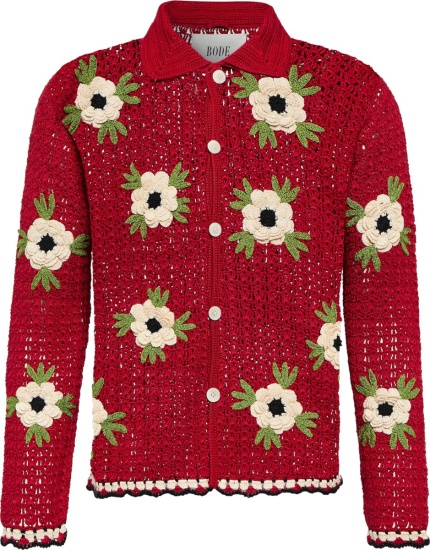 Bode Red And White Rose Crochet Shirt