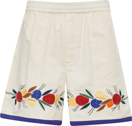Bode White Linen And Blue Trim Fruit Patch Shorts