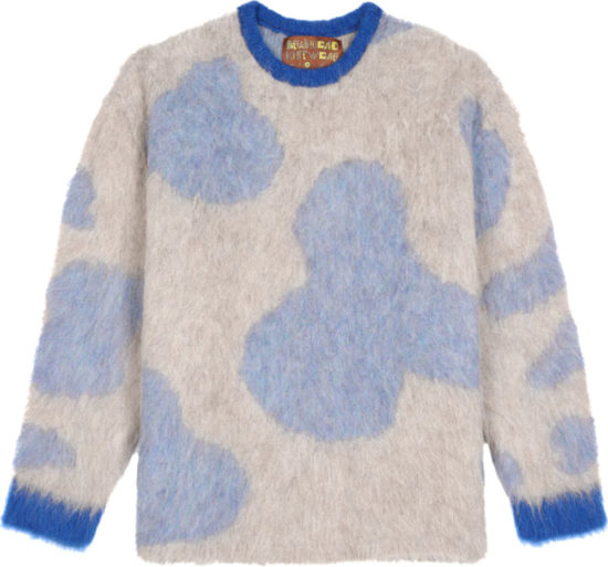 Brain Dead Ivory And Light Blue Cow Print Brushed Sweater