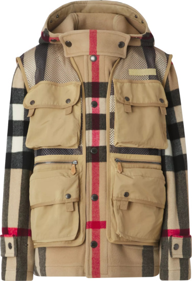 Burberry Beige Wool Check And Detachable Vest Coat