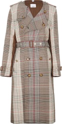 Beige Plaid & Brown Quilted Panel Double Breasted Coat