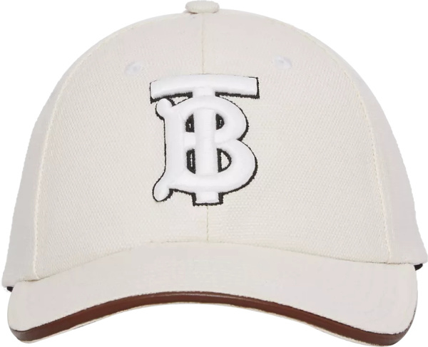 Burberry White Canvas And Light Brown Leather Trim Tb Logo Baseball Cap
