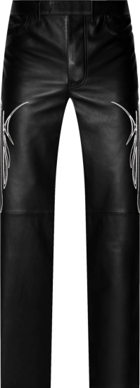 C0d3 Black Leather Tribal Embroidered Flared Pants