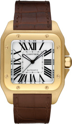 Cartier Gold And Brown Leather Santos 100 Watch W20071y1