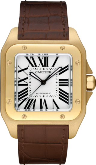 Cartier Gold And Brown Leather Santos 100 Watch W20071y1