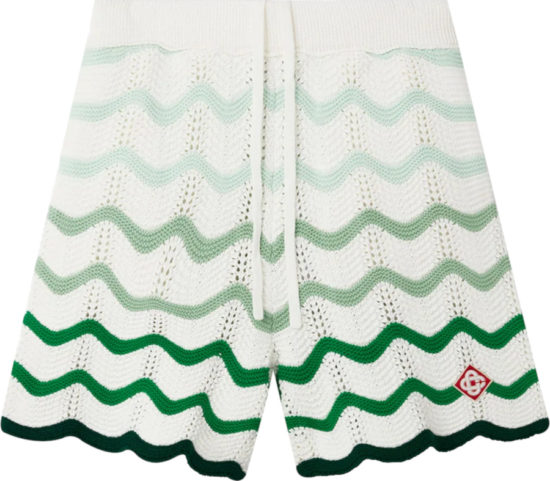 Casablanca White And Wavy Green Crochet Striped Shorts