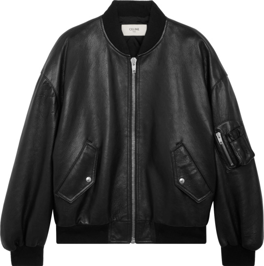 Celine Black Leather Studded Logo Bomber Jacket | INC STYLE