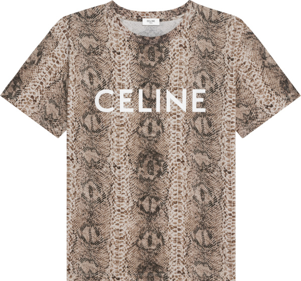 Celine Beige Snakeskin Print Logo T Shirt