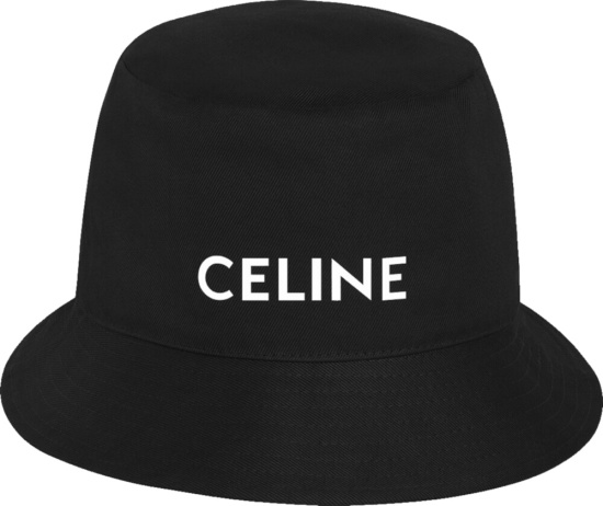 Celine Black Cotton Bucket Hat With White Logo Print