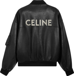 Celine Black Studded Logo Leather Bomber Jacket